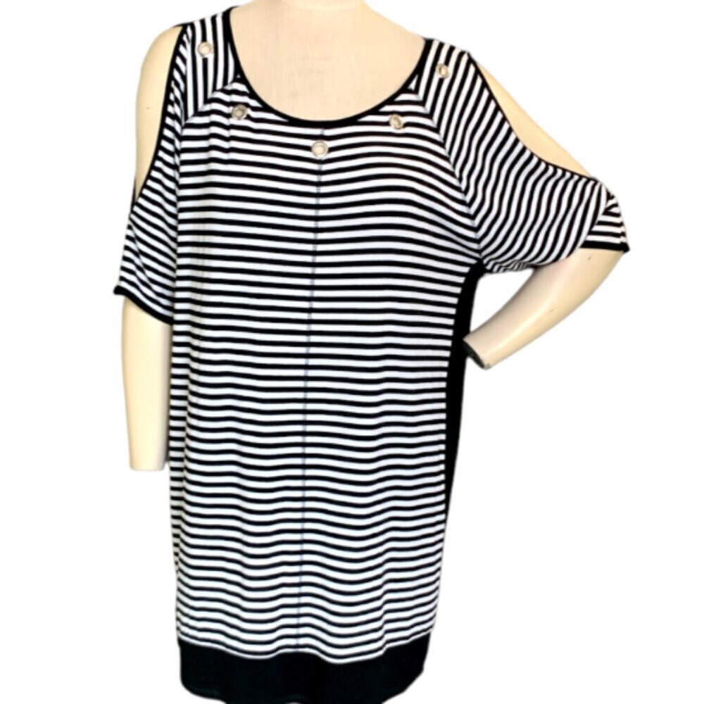 Zenergy Chico's Sz 3 (XL/16) Black &‎ White Striped Tunic Beach Cover-Up #102F